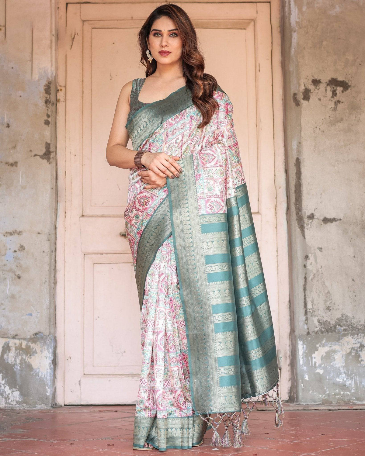 White Banarasi Silk Saree with Pastel Multicolor Prints and Green Zari