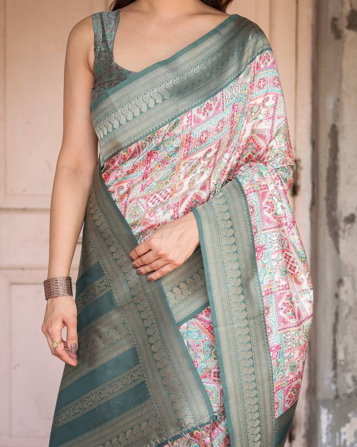 White Banarasi Silk Saree with Pastel Multicolor Prints and Green Zari