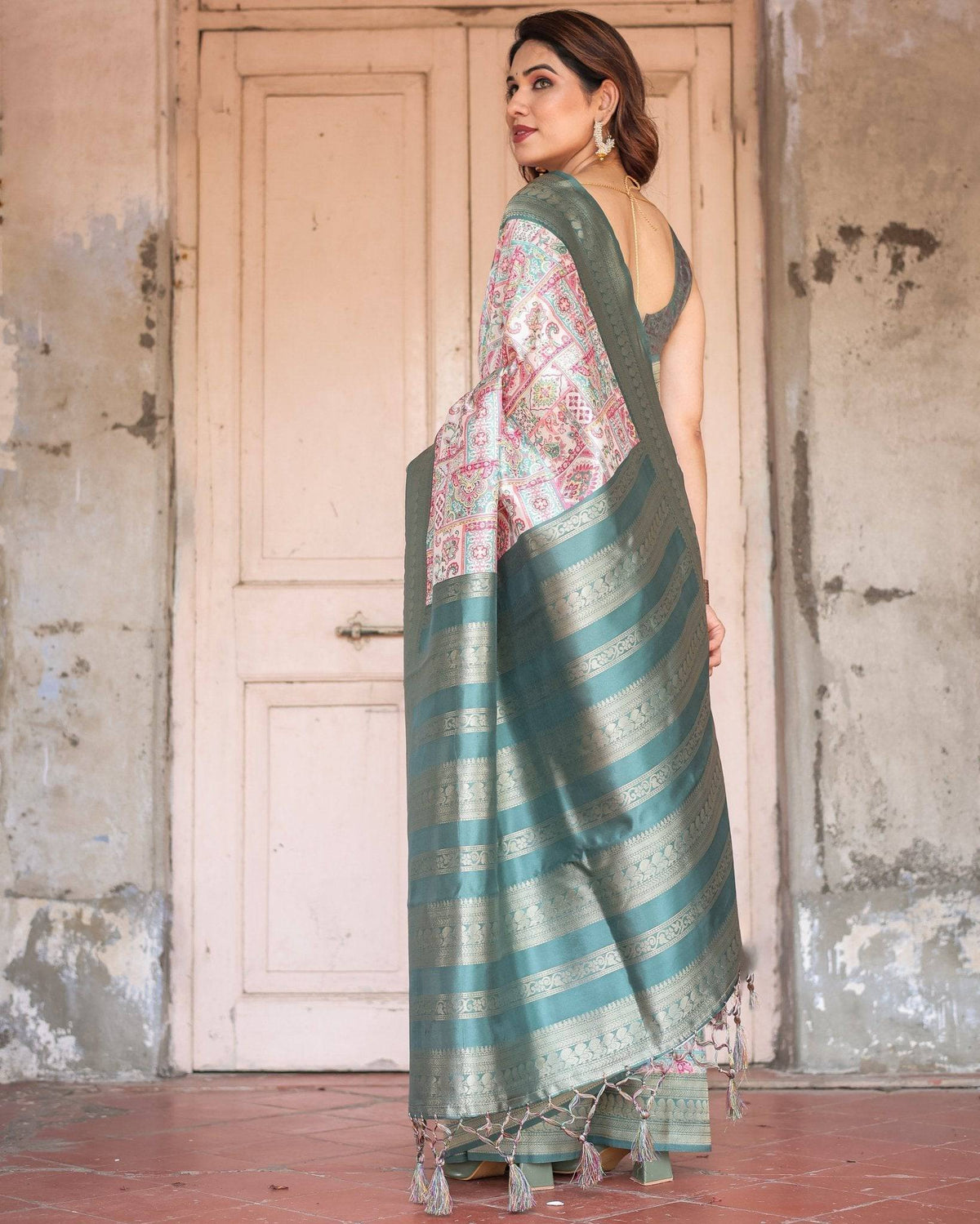 White Banarasi Silk Saree with Pastel Multicolor Prints and Green Zari