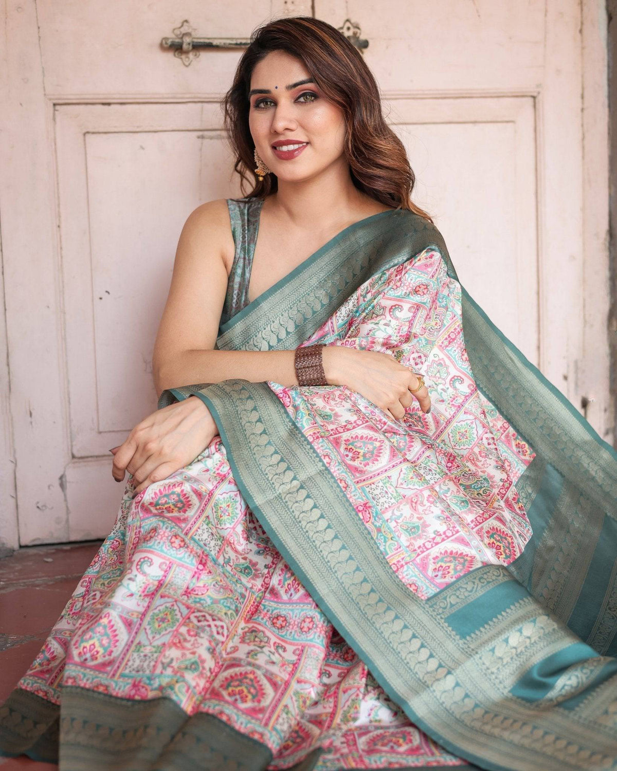 White Banarasi Silk Saree with Pastel Multicolor Prints and Green Zari
