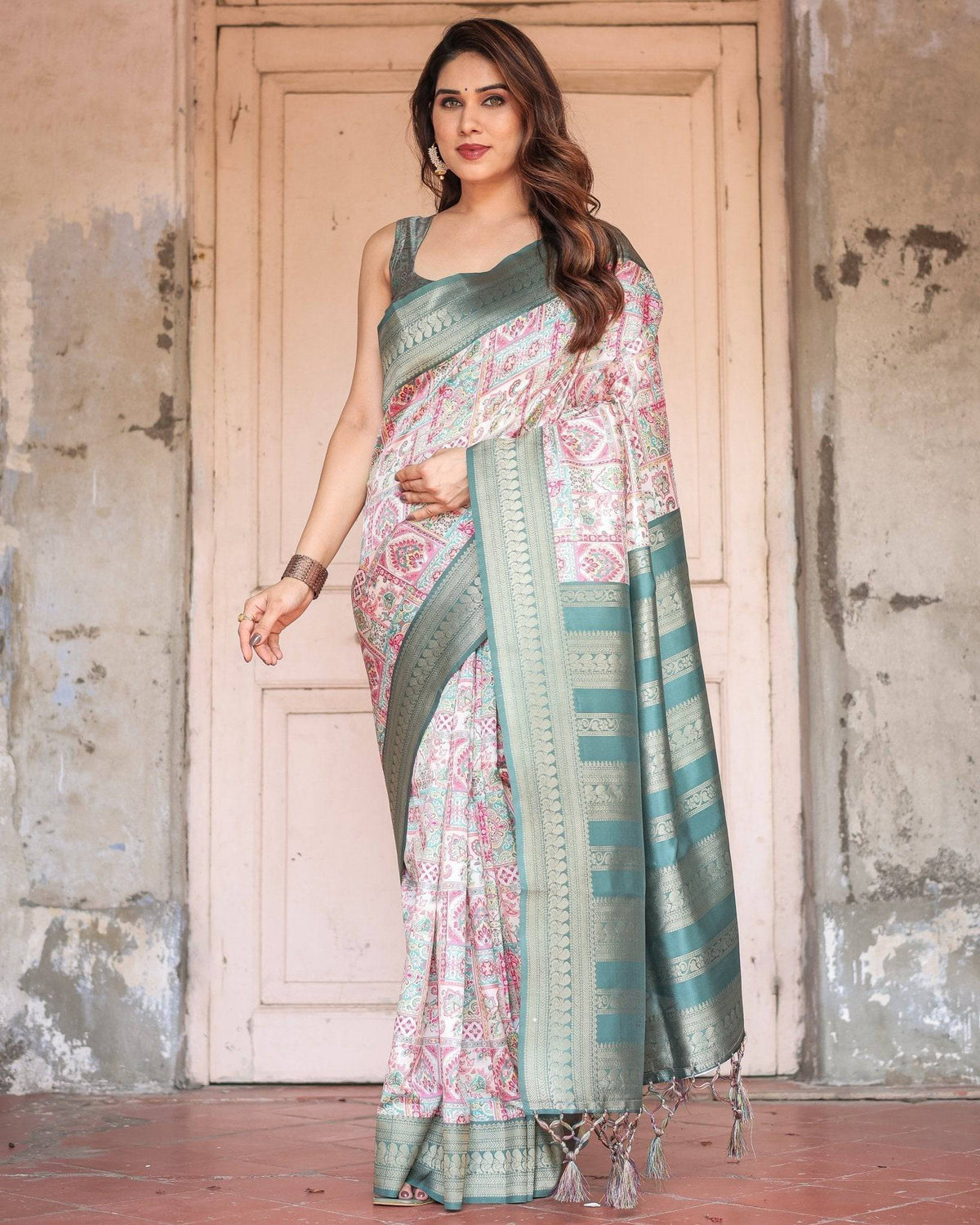 White Banarasi Silk Saree with Pastel Multicolor Prints and Green Zari