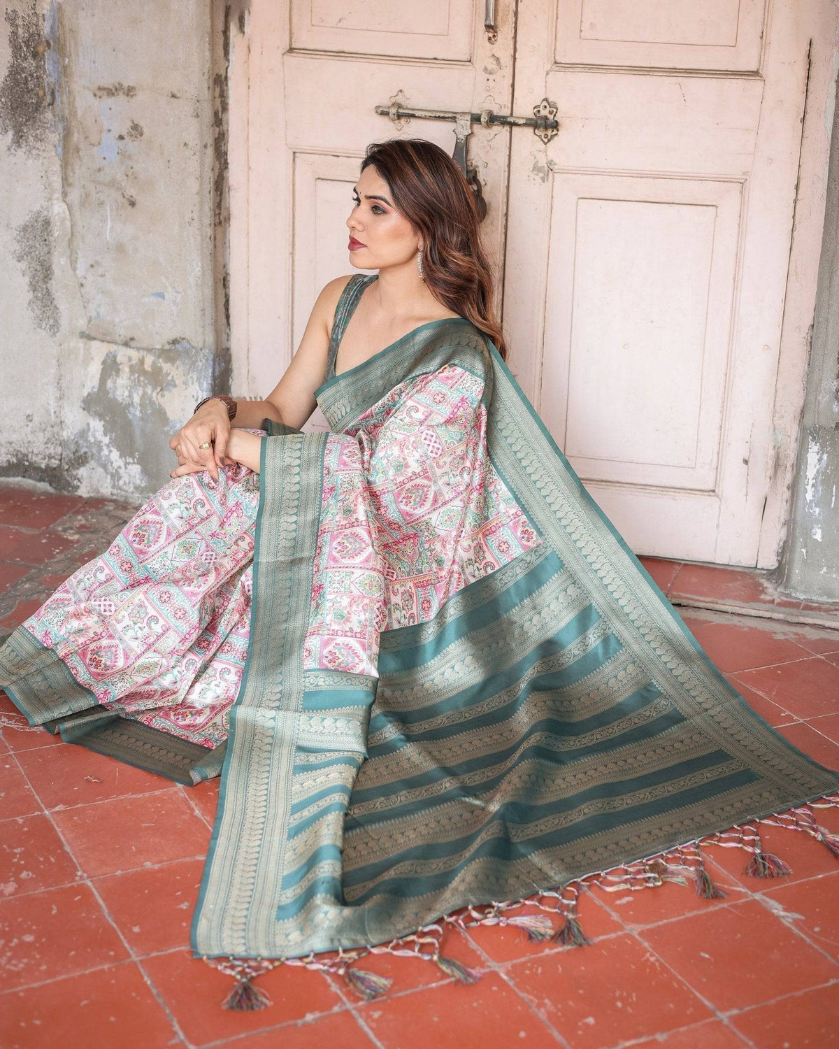 White Banarasi Silk Saree with Pastel Multicolor Prints and Green Zari