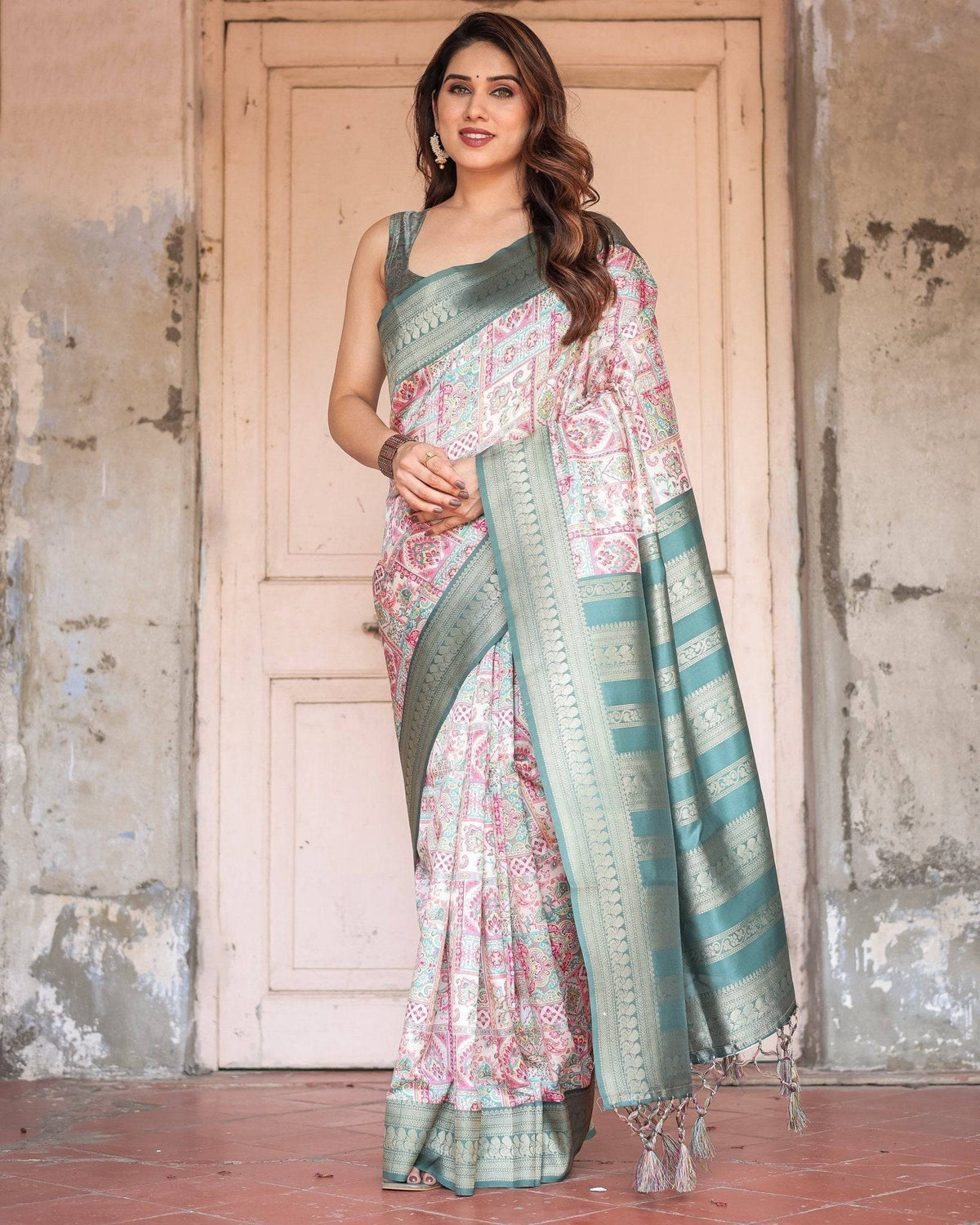 White Banarasi Silk Saree with Pastel Multicolor Prints and Green Zari