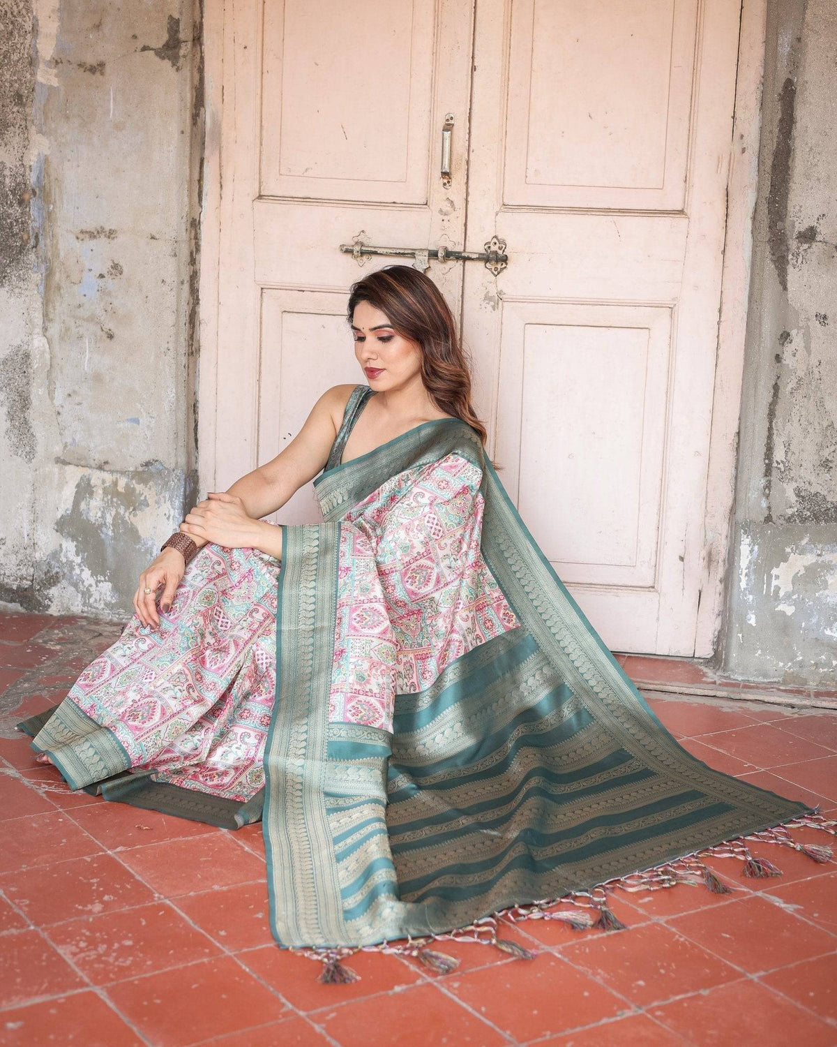 White Banarasi Silk Saree with Pastel Multicolor Prints and Green Zari