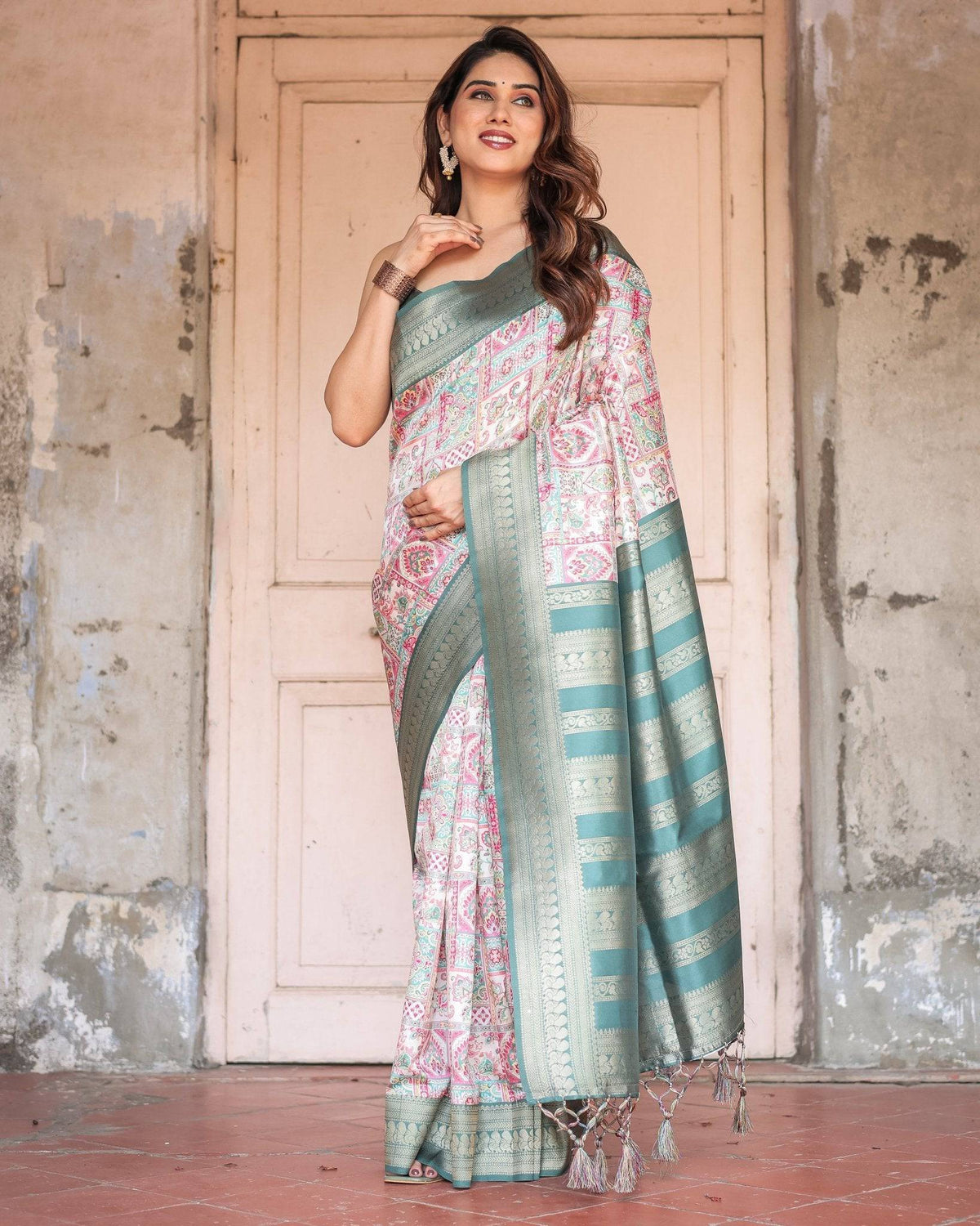 White Banarasi Silk Saree with Pastel Multicolor Prints and Green Zari