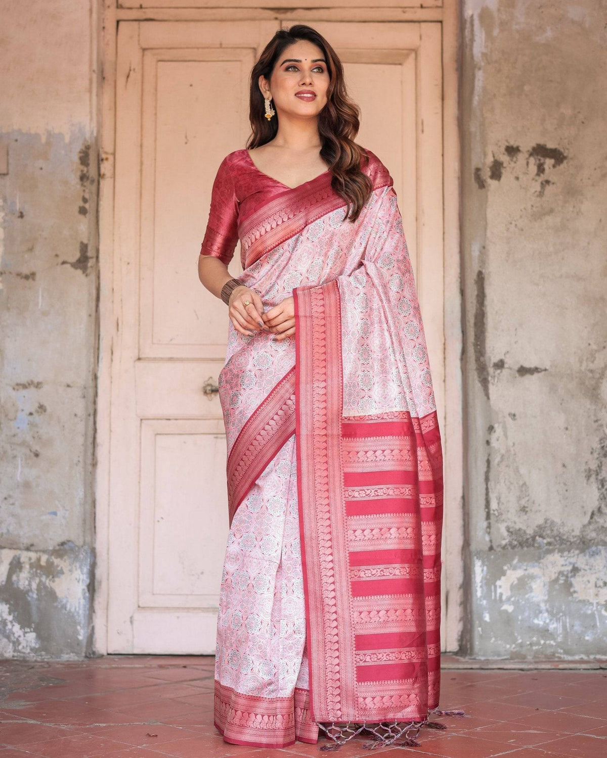 Crimson Red Banarasi Silk Saree with Geometric Digital Print & Zari