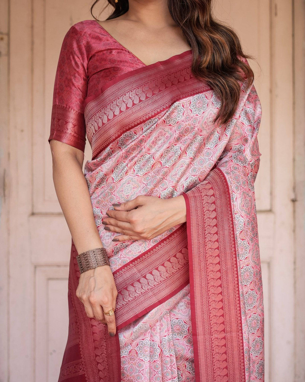Crimson Red Banarasi Silk Saree with Geometric Digital Print & Zari