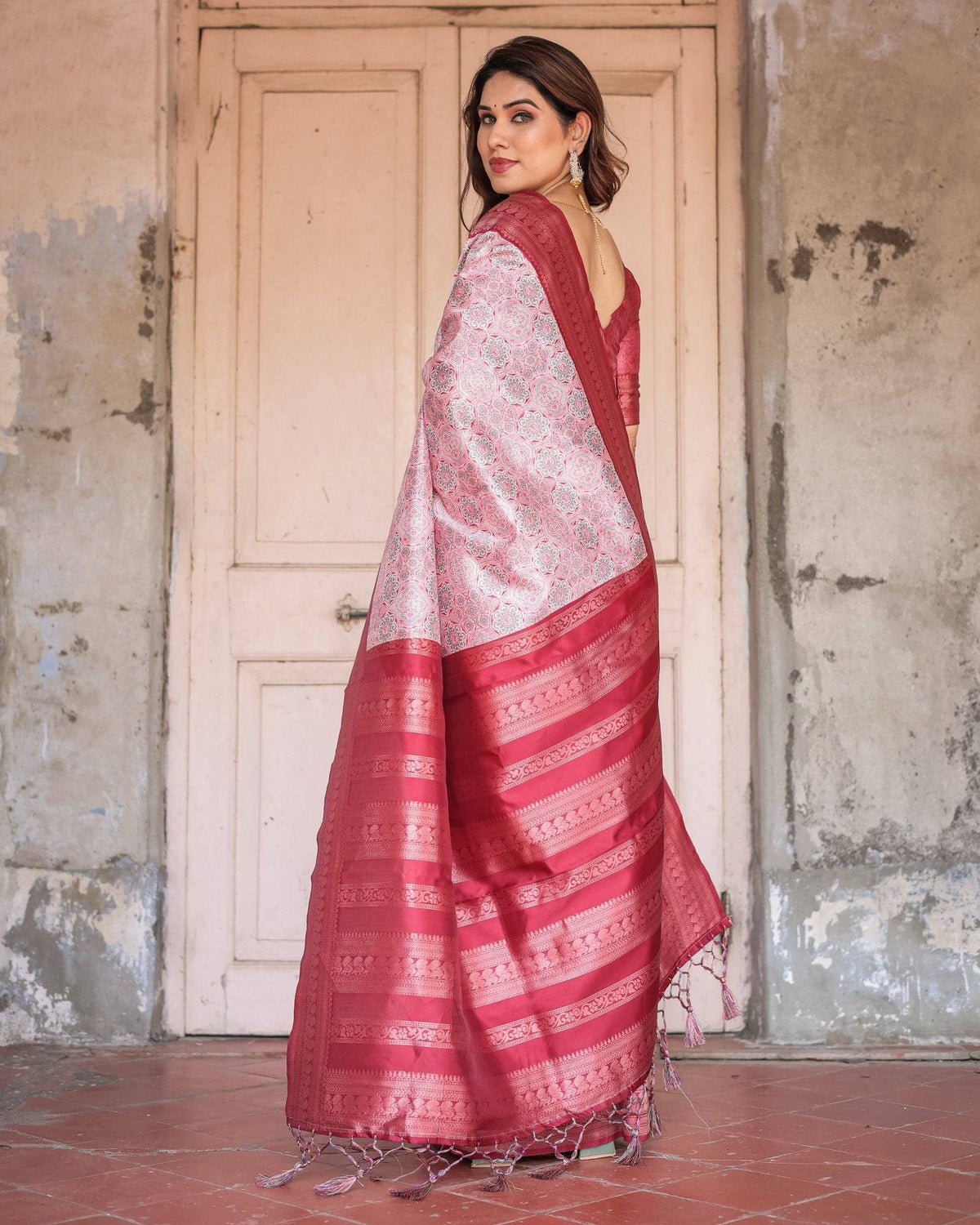 Crimson Red Banarasi Silk Saree with Geometric Digital Print & Zari