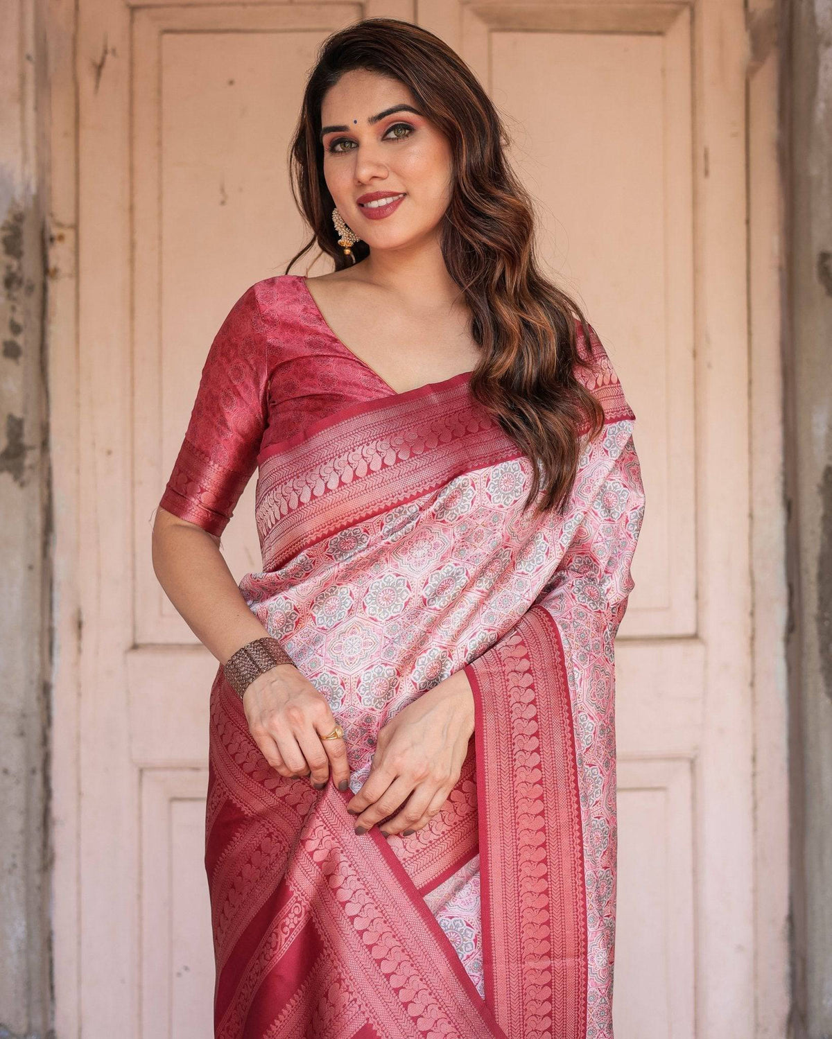 Crimson Red Banarasi Silk Saree with Geometric Digital Print & Zari