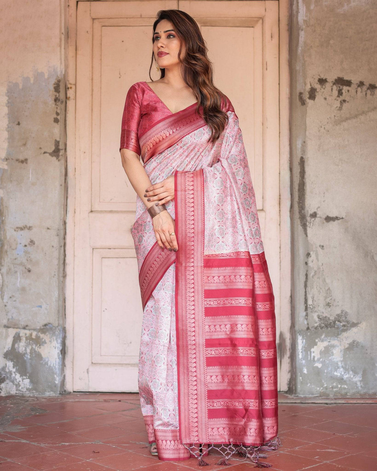 Crimson Red Banarasi Silk Saree with Geometric Digital Print & Zari