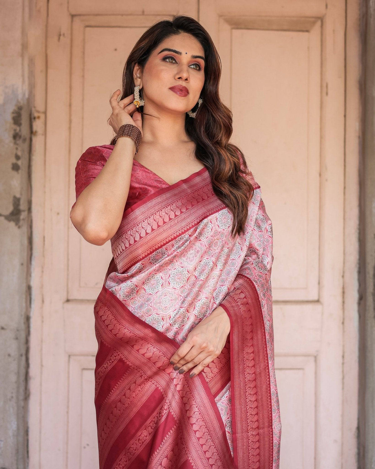 Crimson Red Banarasi Silk Saree with Geometric Digital Print & Zari