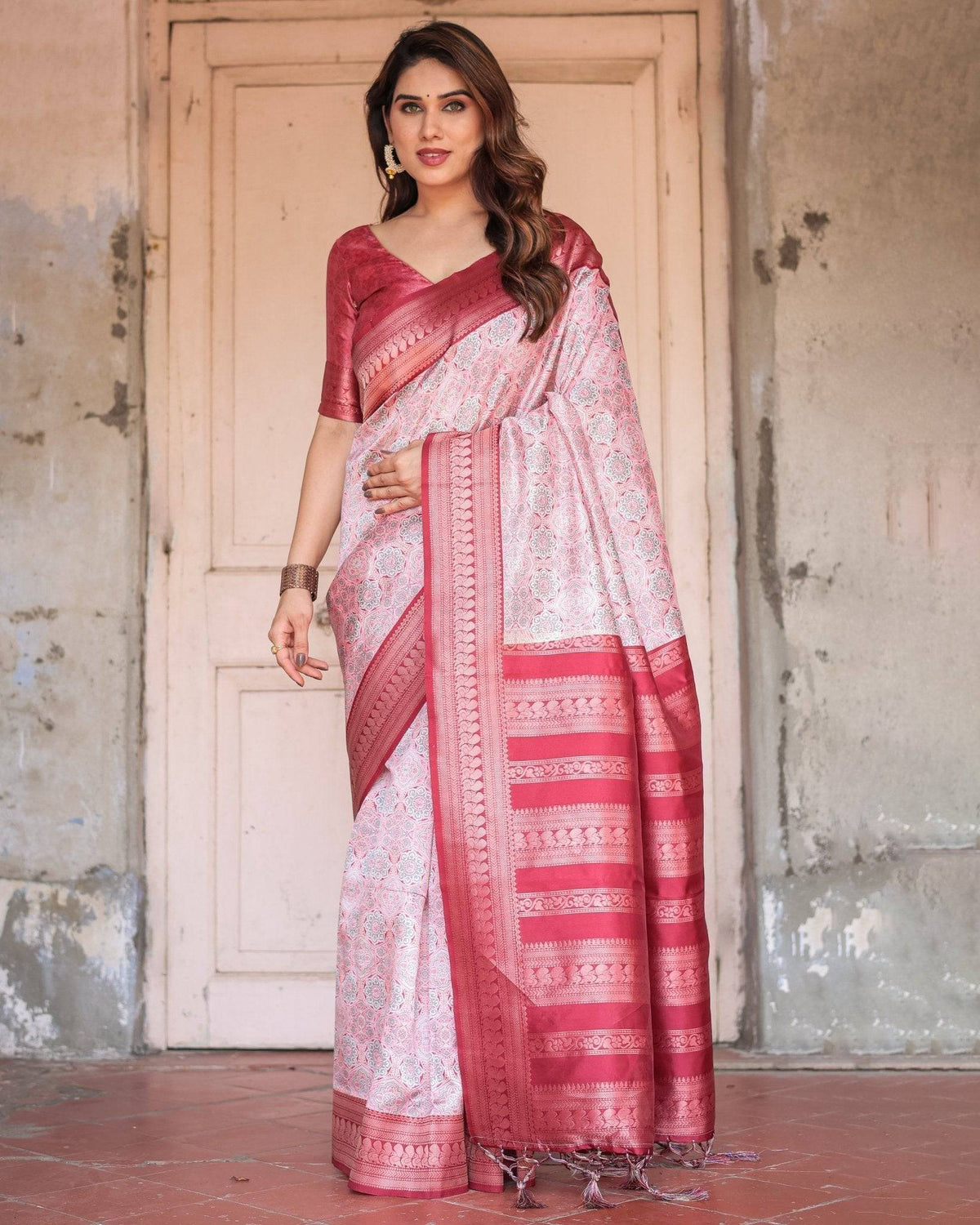 Crimson Red Banarasi Silk Saree with Geometric Digital Print & Zari