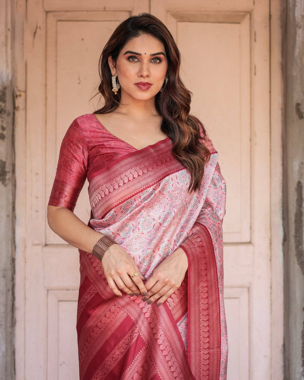 Crimson Red Banarasi Silk Saree with Geometric Digital Print & Zari