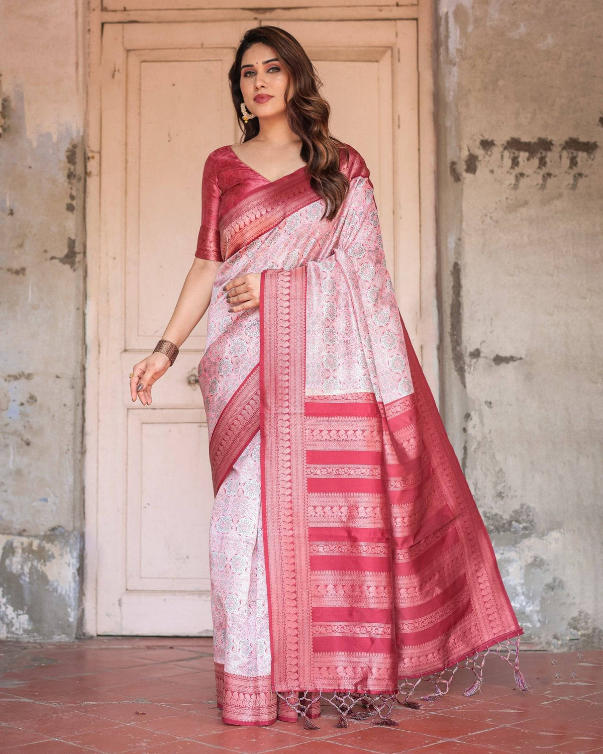 Crimson Red Banarasi Silk Saree with Geometric Digital Print & Zari