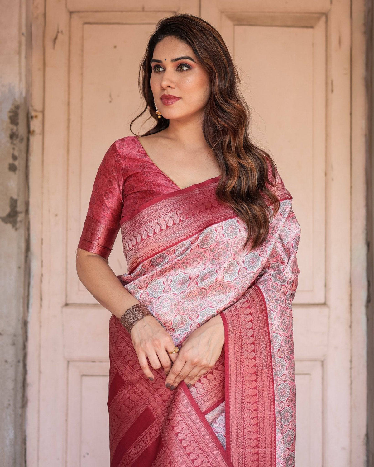 Crimson Red Banarasi Silk Saree with Geometric Digital Print & Zari