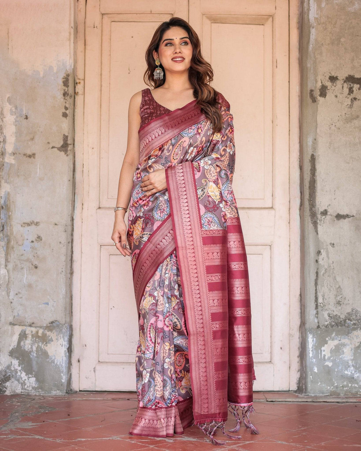 Wine Banarasi Silk Saree with Paisley and Floral Digital Print & Zari