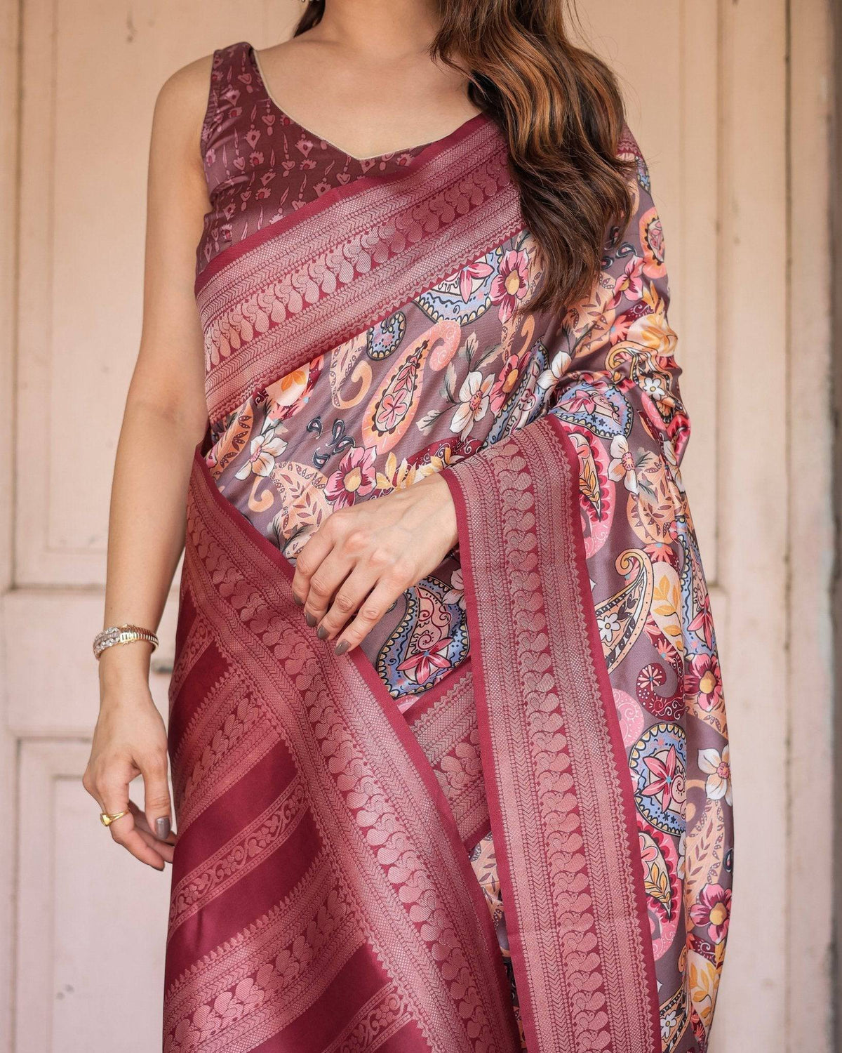 Wine Banarasi Silk Saree with Paisley and Floral Digital Print & Zari