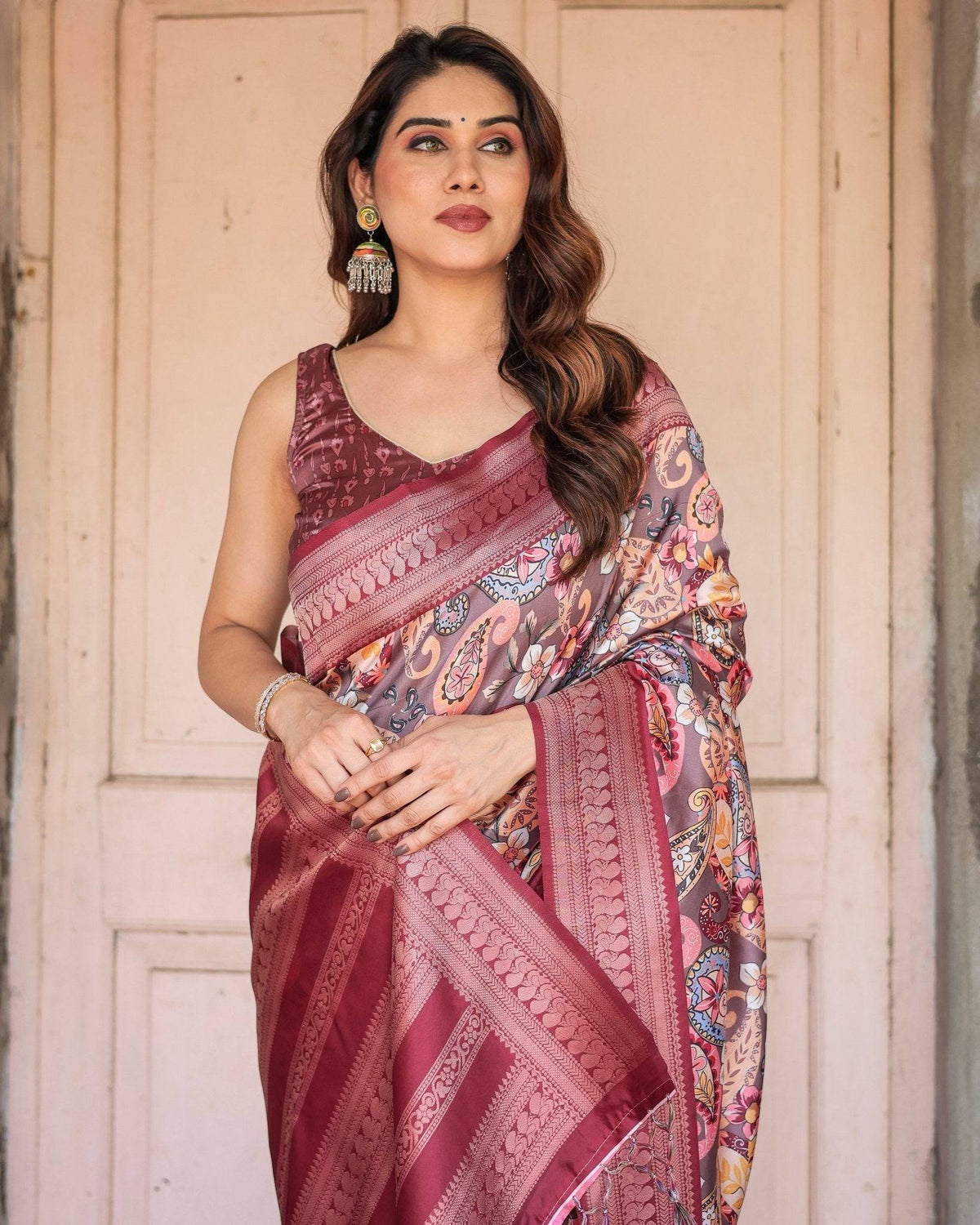 Wine Banarasi Silk Saree with Paisley and Floral Digital Print & Zari
