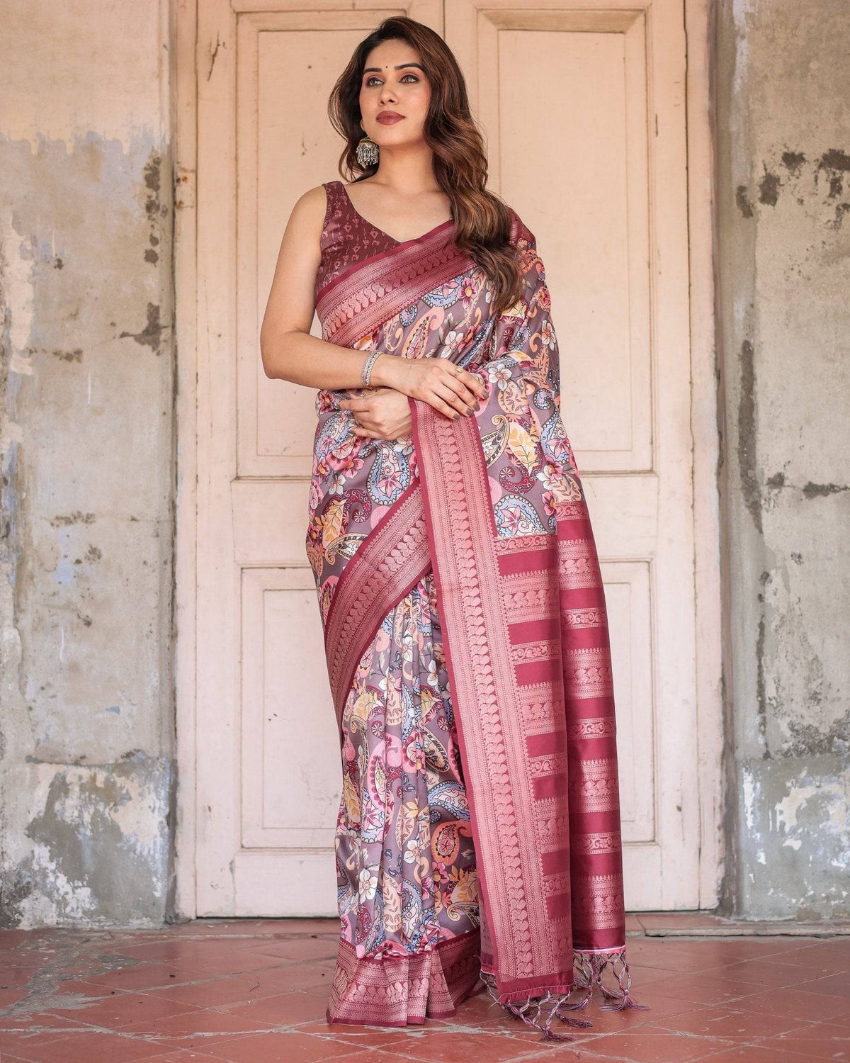 Wine Banarasi Silk Saree with Paisley and Floral Digital Print & Zari