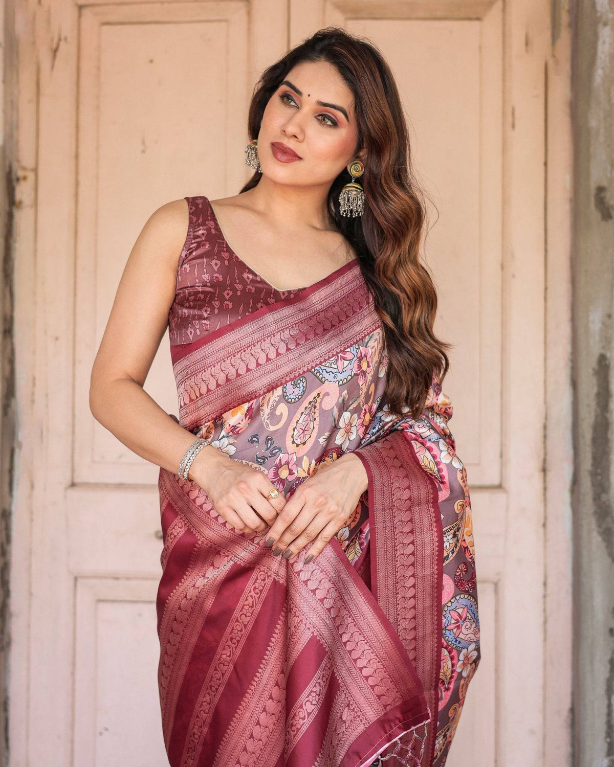 Wine Banarasi Silk Saree with Paisley and Floral Digital Print & Zari