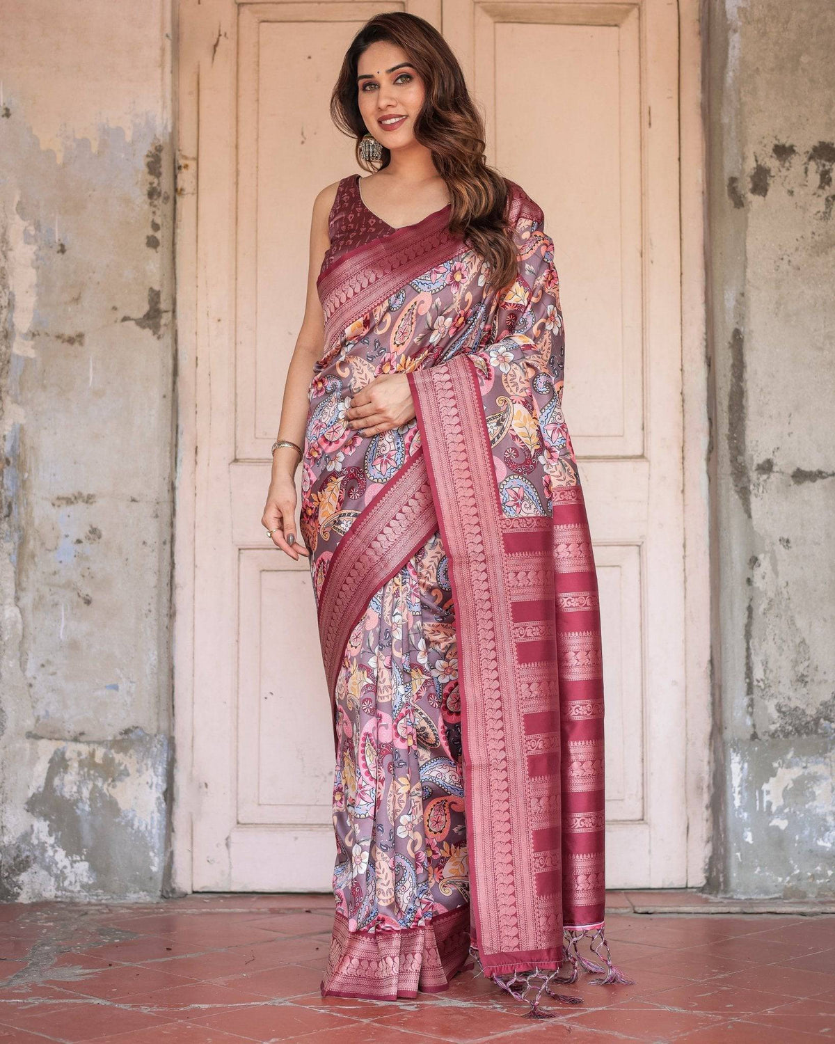 Wine Banarasi Silk Saree with Paisley and Floral Digital Print & Zari