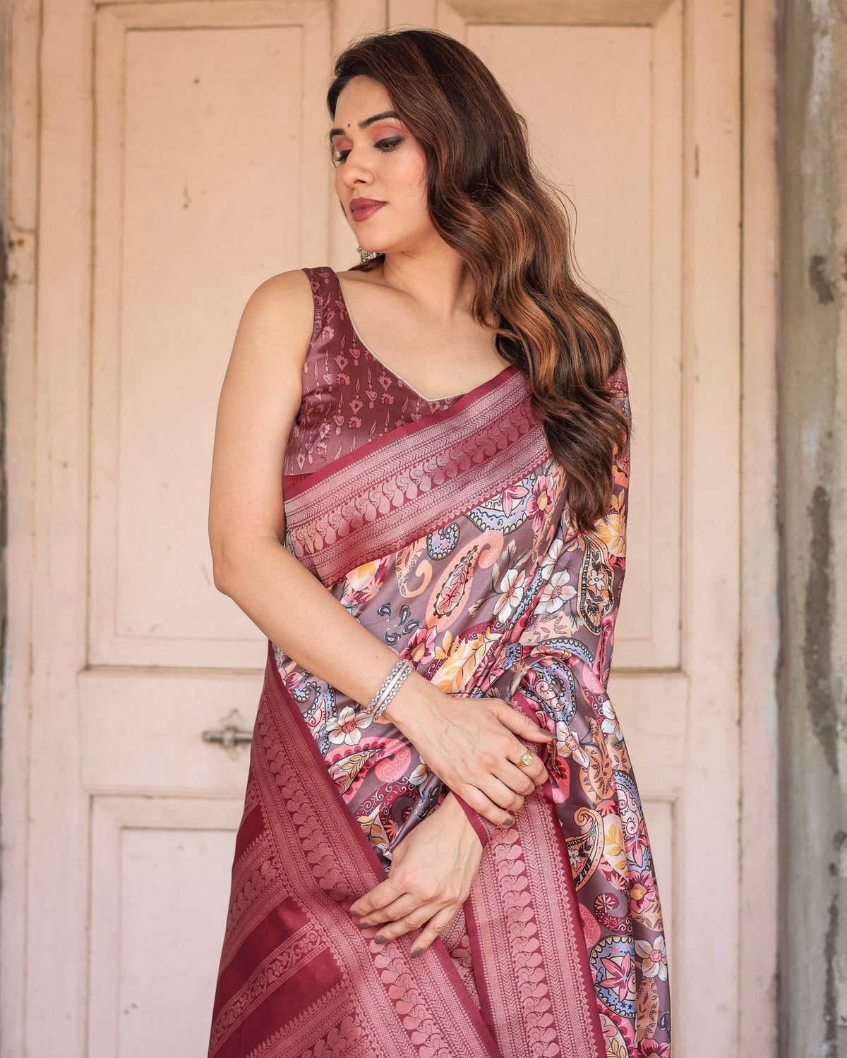 Wine Banarasi Silk Saree with Paisley and Floral Digital Print & Zari