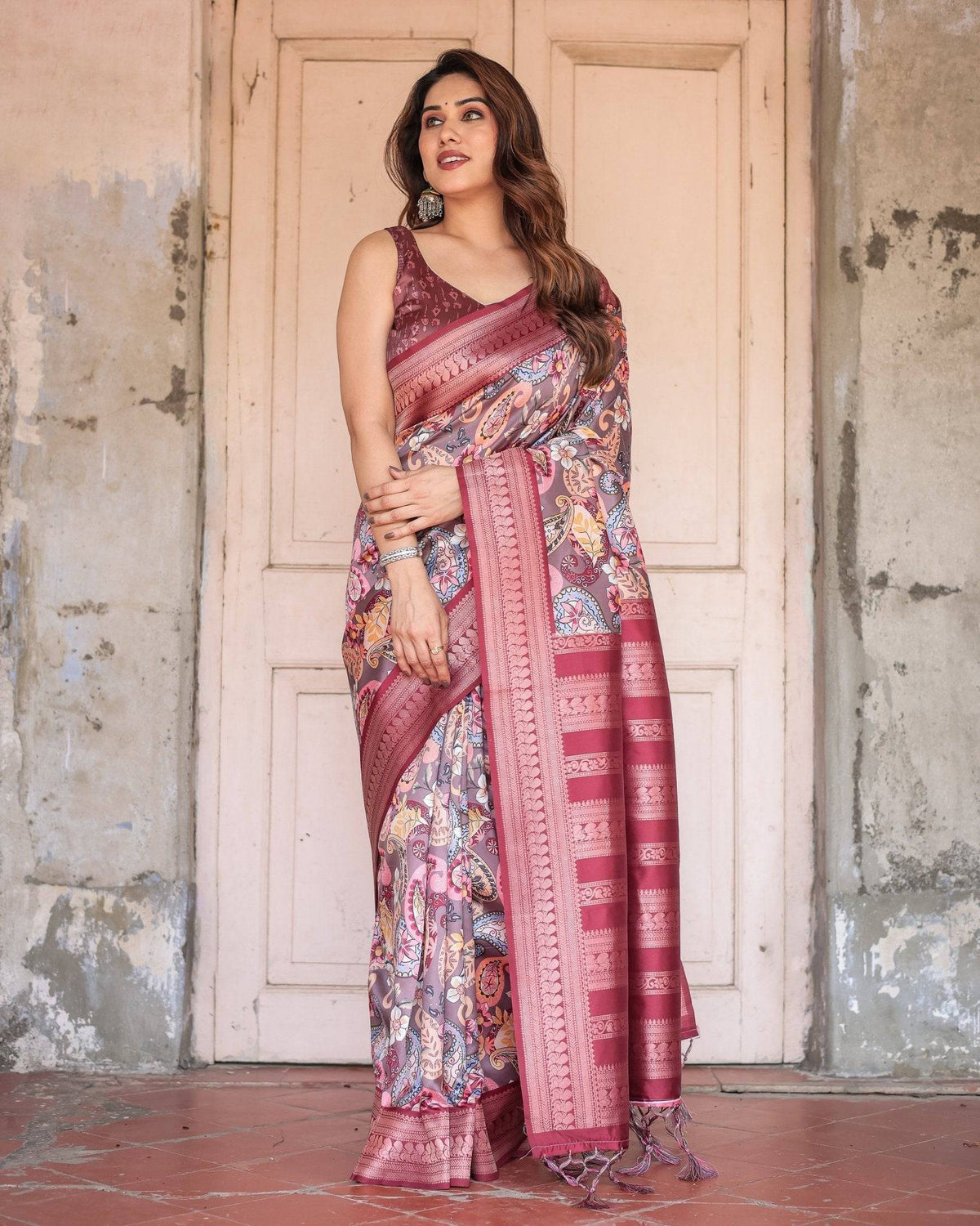 Wine Banarasi Silk Saree with Paisley and Floral Digital Print & Zari