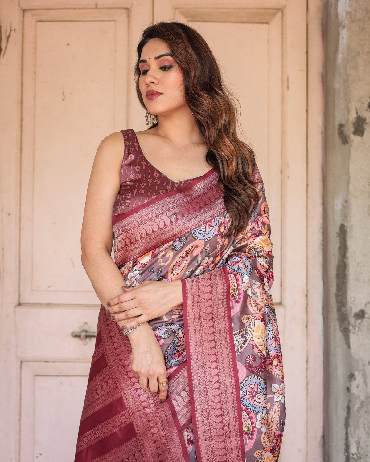 Wine Banarasi Silk Saree with Paisley and Floral Digital Print & Zari