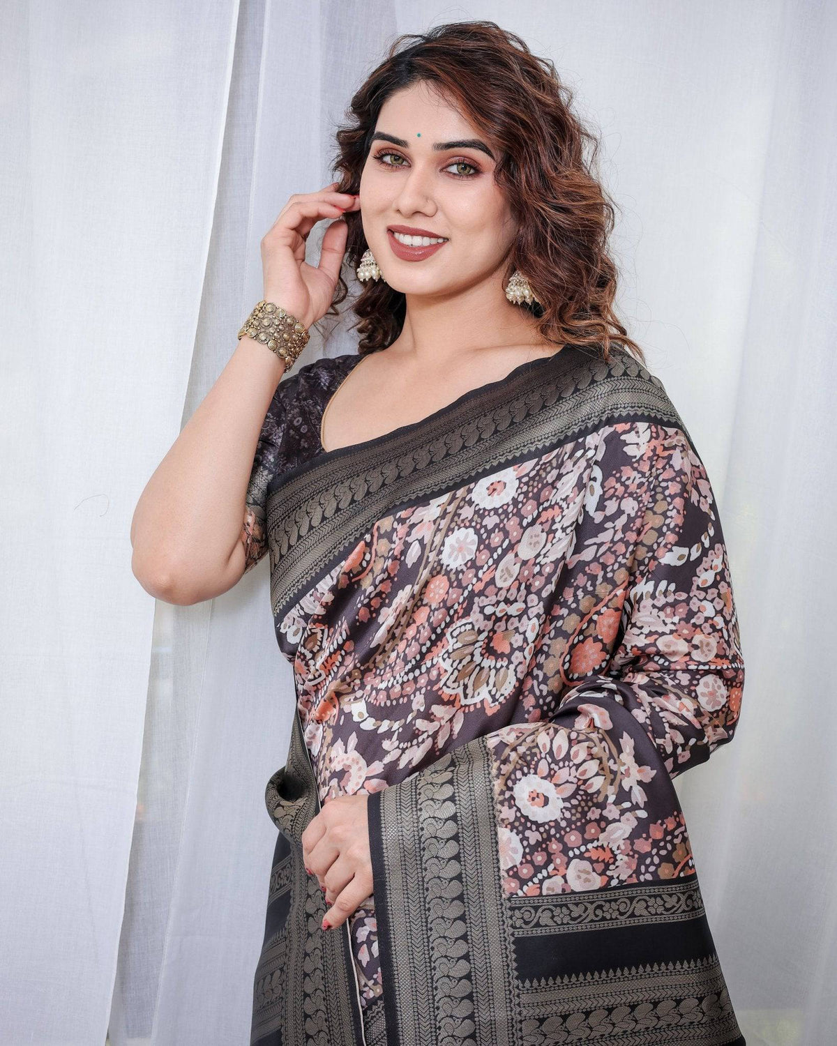 Exquisite Black and Pink Floral Banarasi Silk Saree with Intricate