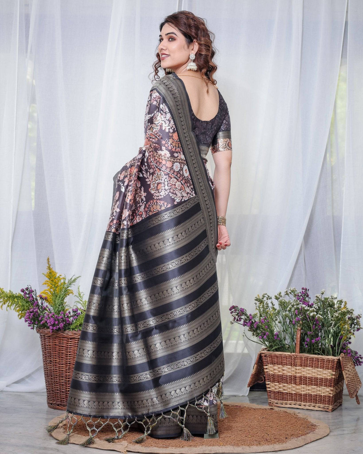 Exquisite Black and Pink Floral Banarasi Silk Saree with Intricate