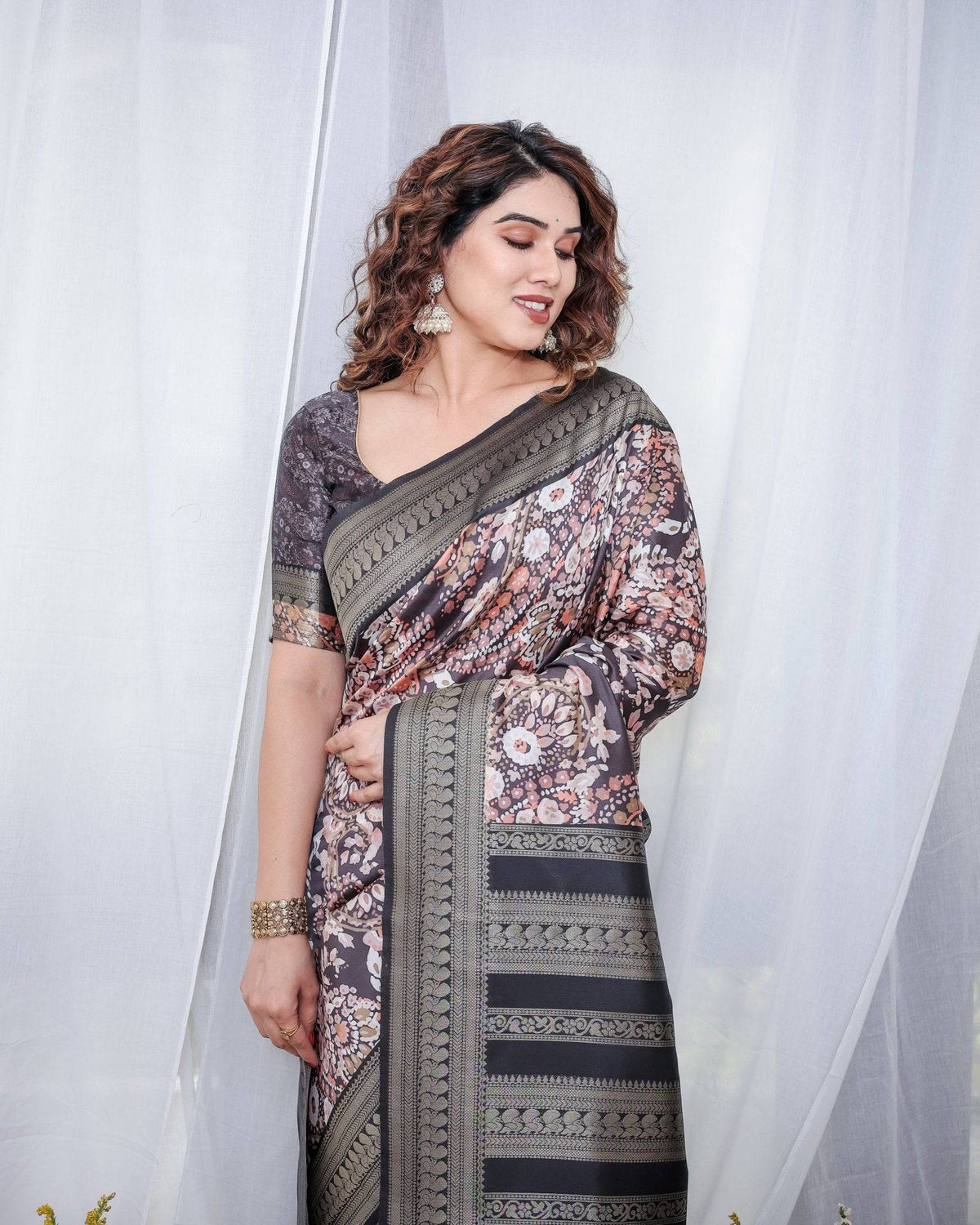 Exquisite Black and Pink Floral Banarasi Silk Saree with Intricate