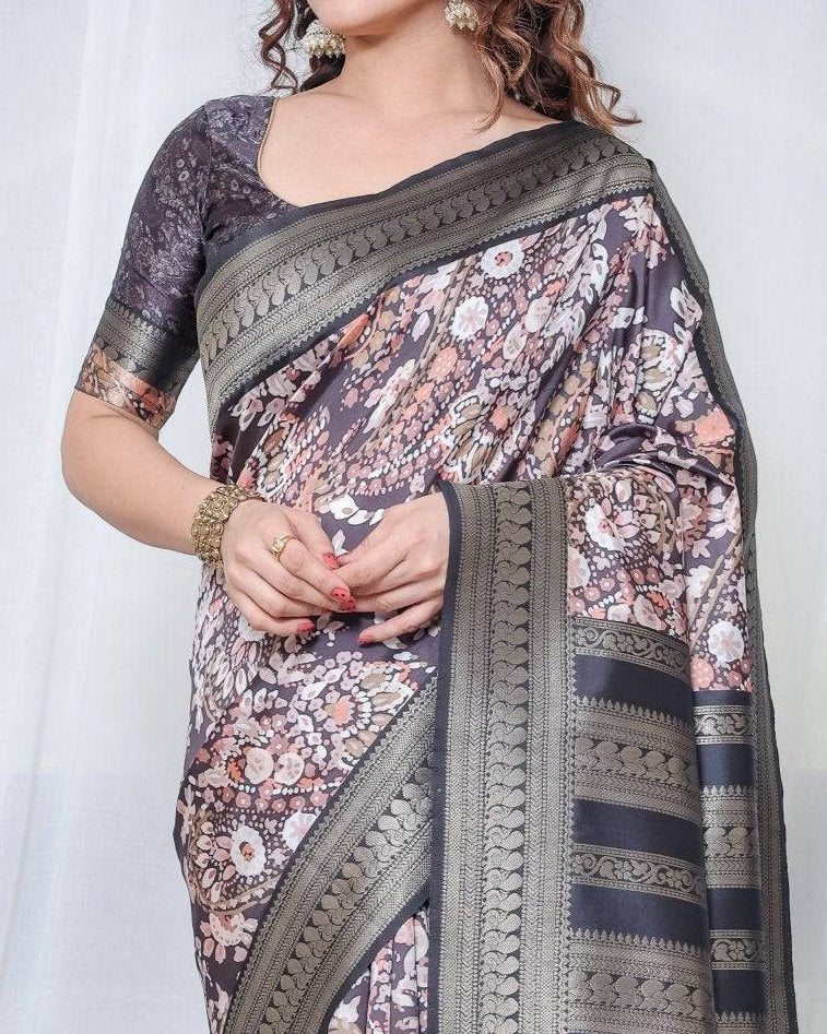 Exquisite Black and Pink Floral Banarasi Silk Saree with Intricate