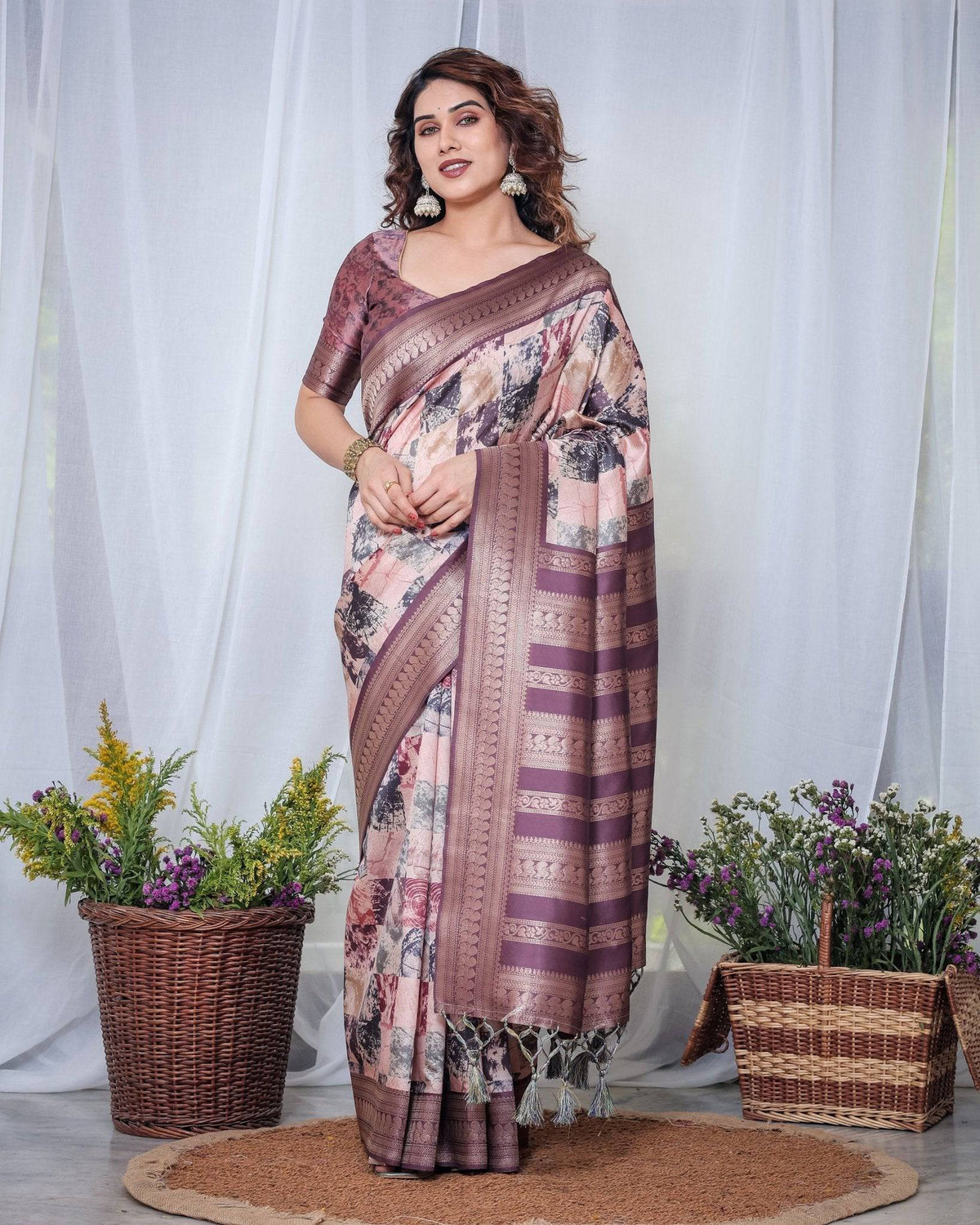 Mauve Banarasi Silk Saree with Abstract Checkered Digital Print, Zari