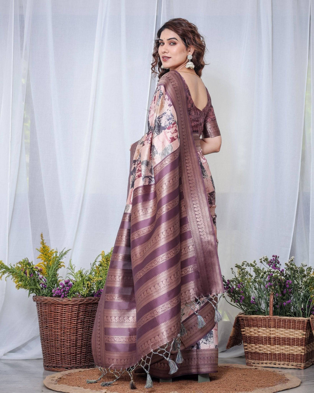 Mauve Banarasi Silk Saree with Abstract Checkered Digital Print, Zari