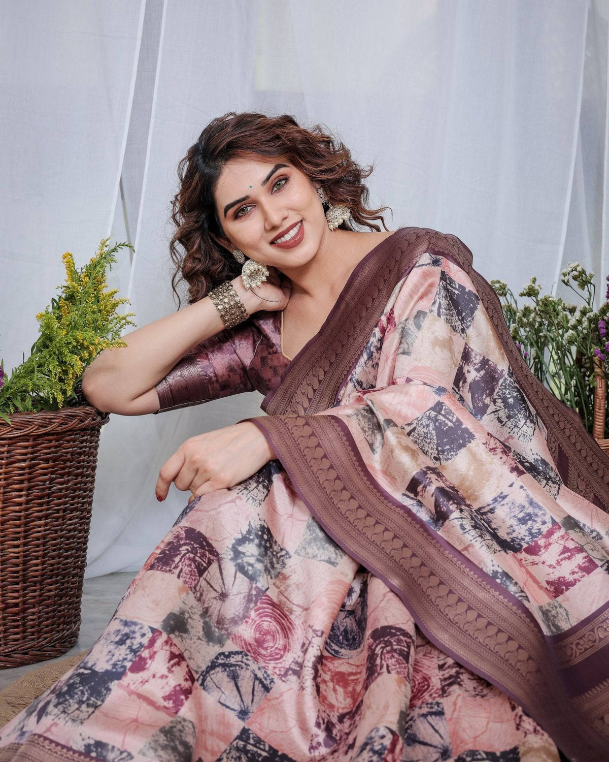 Mauve Banarasi Silk Saree with Abstract Checkered Digital Print, Zari