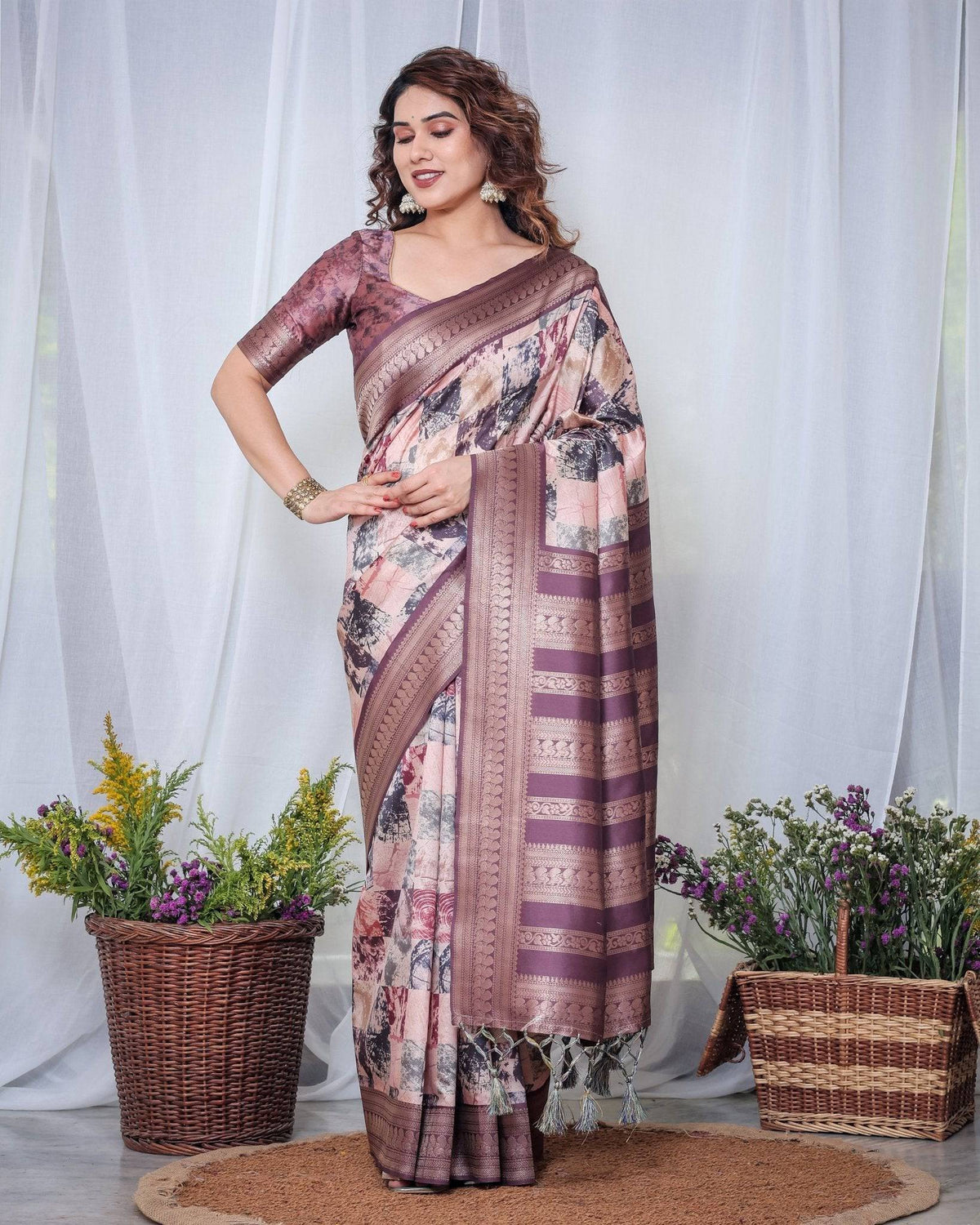 Mauve Banarasi Silk Saree with Abstract Checkered Digital Print, Zari