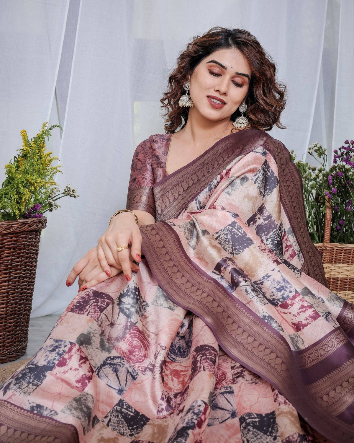 Mauve Banarasi Silk Saree with Abstract Checkered Digital Print, Zari