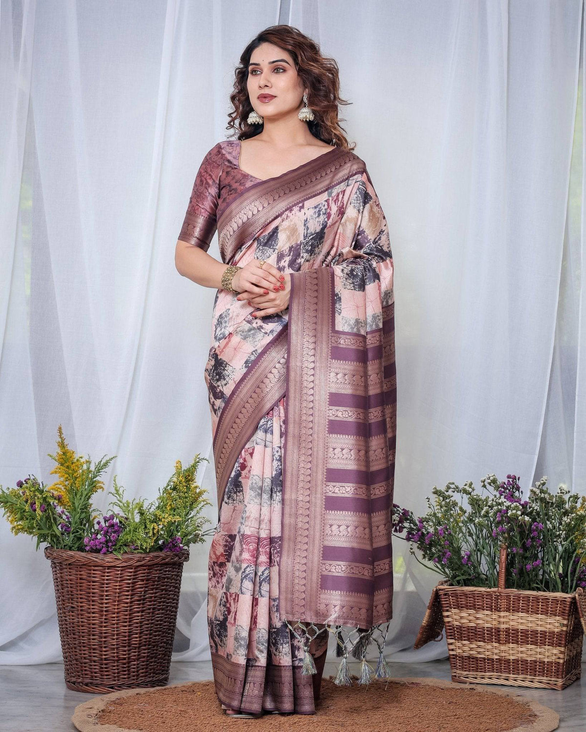 Mauve Banarasi Silk Saree with Abstract Checkered Digital Print, Zari