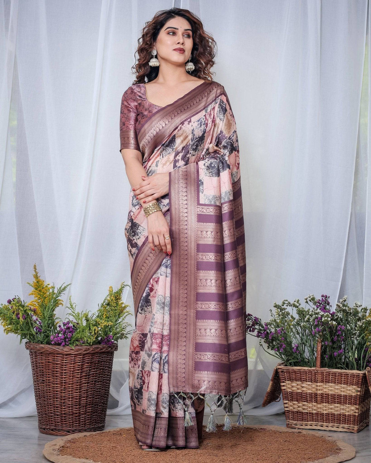 Mauve Banarasi Silk Saree with Abstract Checkered Digital Print, Zari