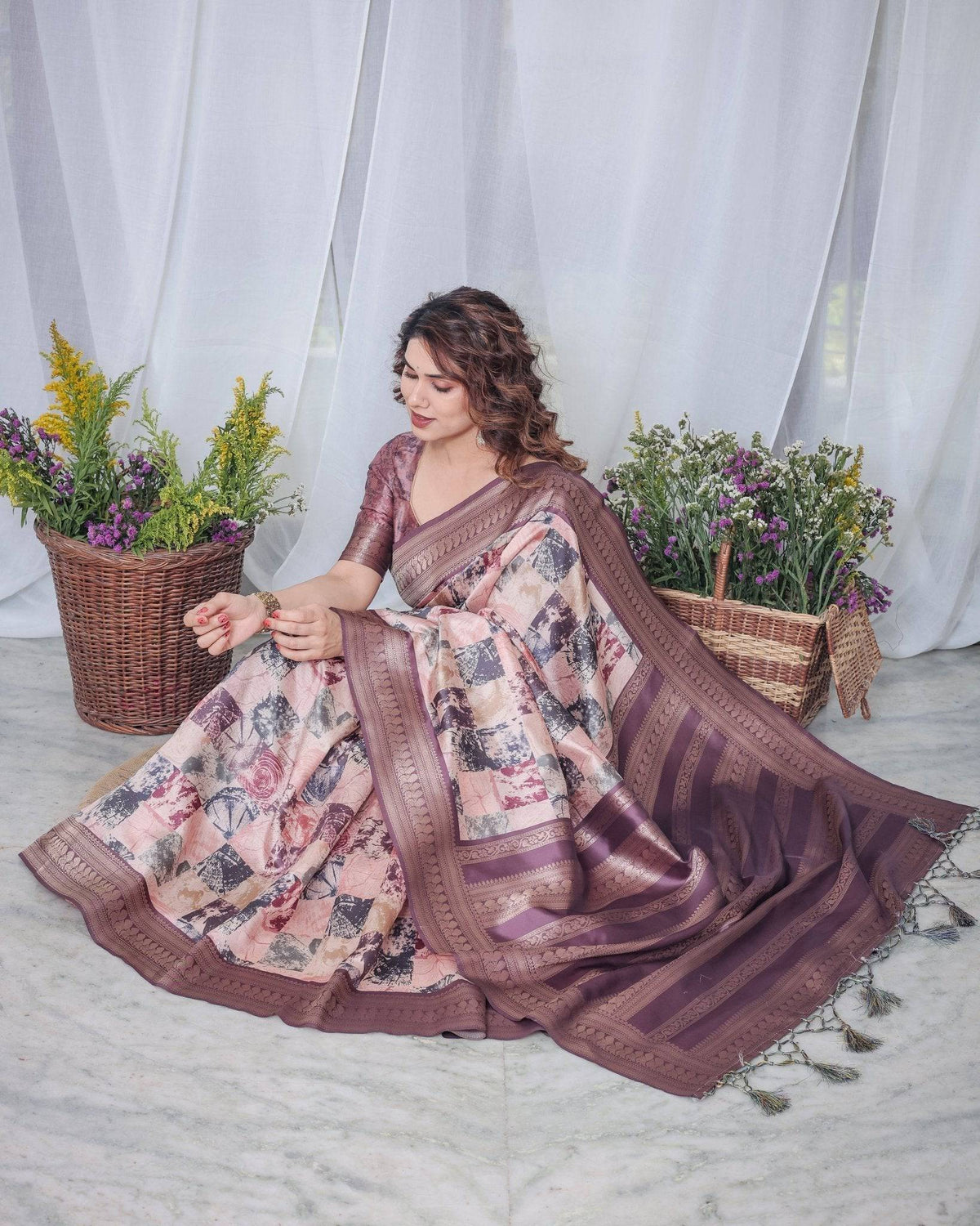 Mauve Banarasi Silk Saree with Abstract Checkered Digital Print, Zari