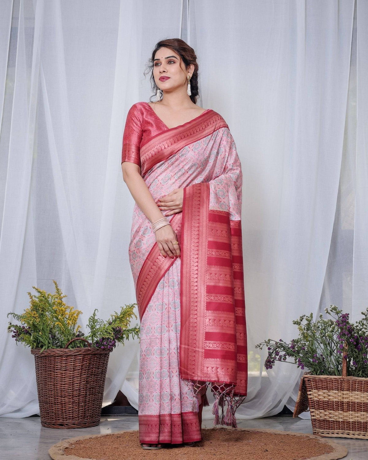 Crimson Red & White Banarasi Silk Saree with Intricate Geometric