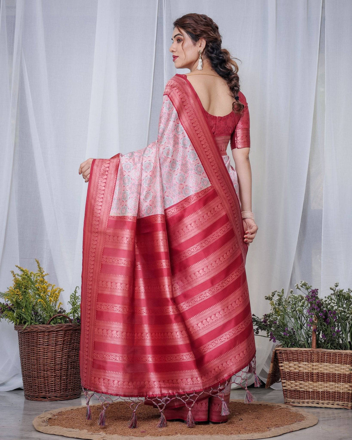 Crimson Red & White Banarasi Silk Saree with Intricate Geometric