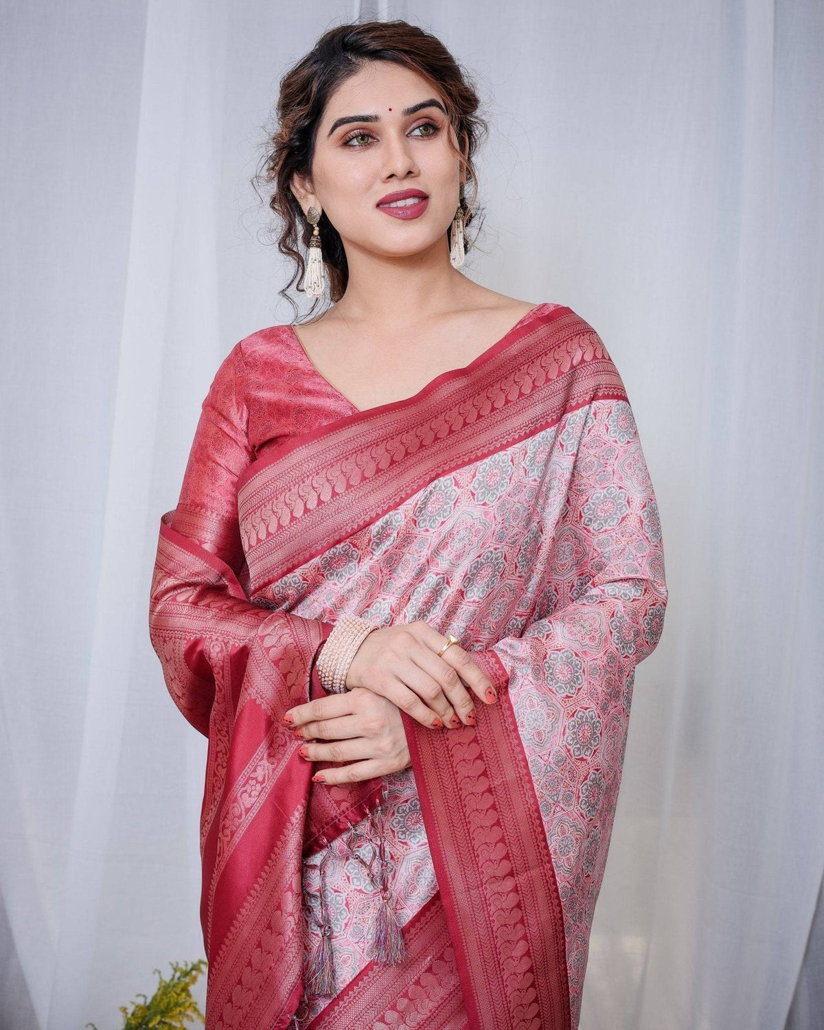 Crimson Red & White Banarasi Silk Saree with Intricate Geometric