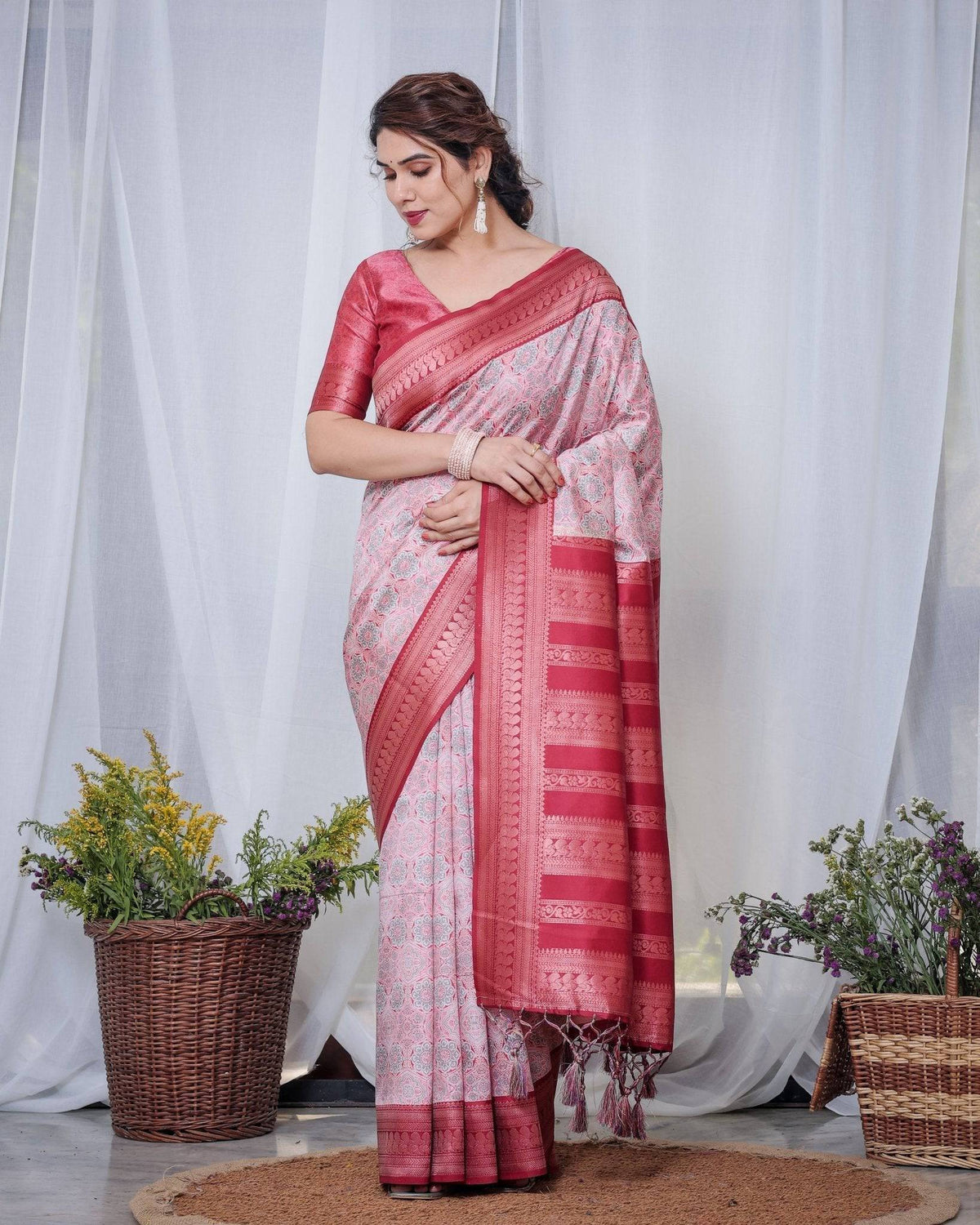 Crimson Red & White Banarasi Silk Saree with Intricate Geometric