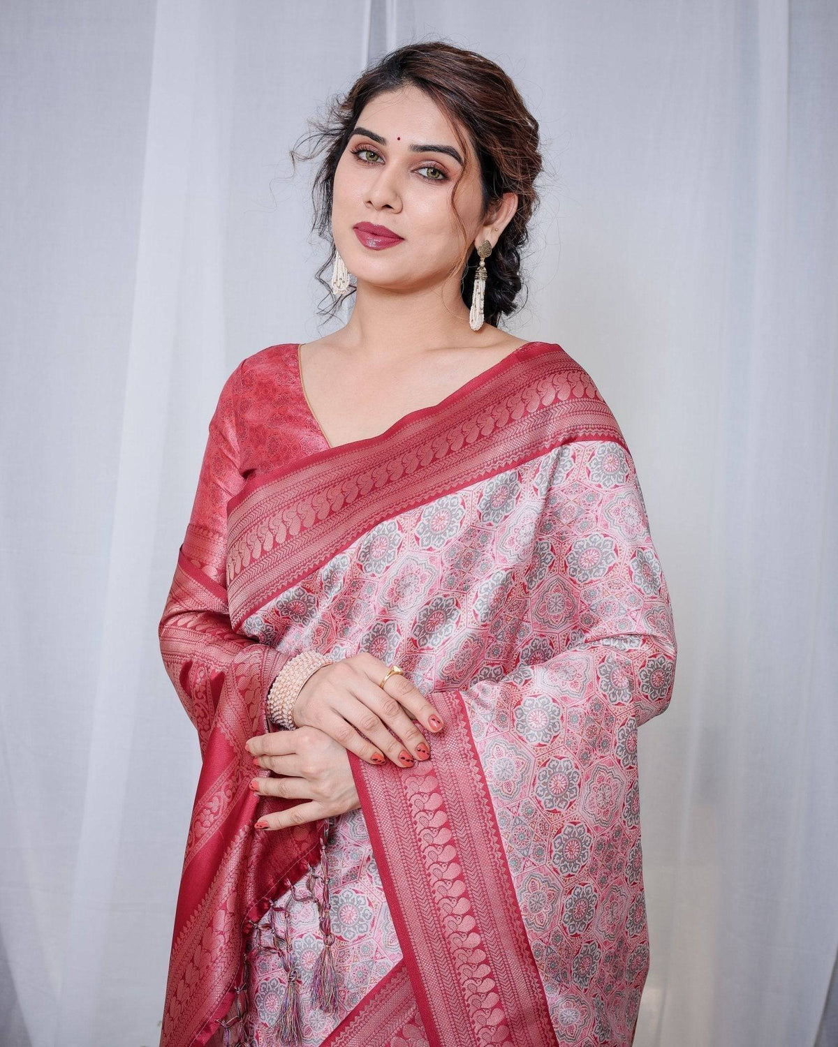 Crimson Red & White Banarasi Silk Saree with Intricate Geometric