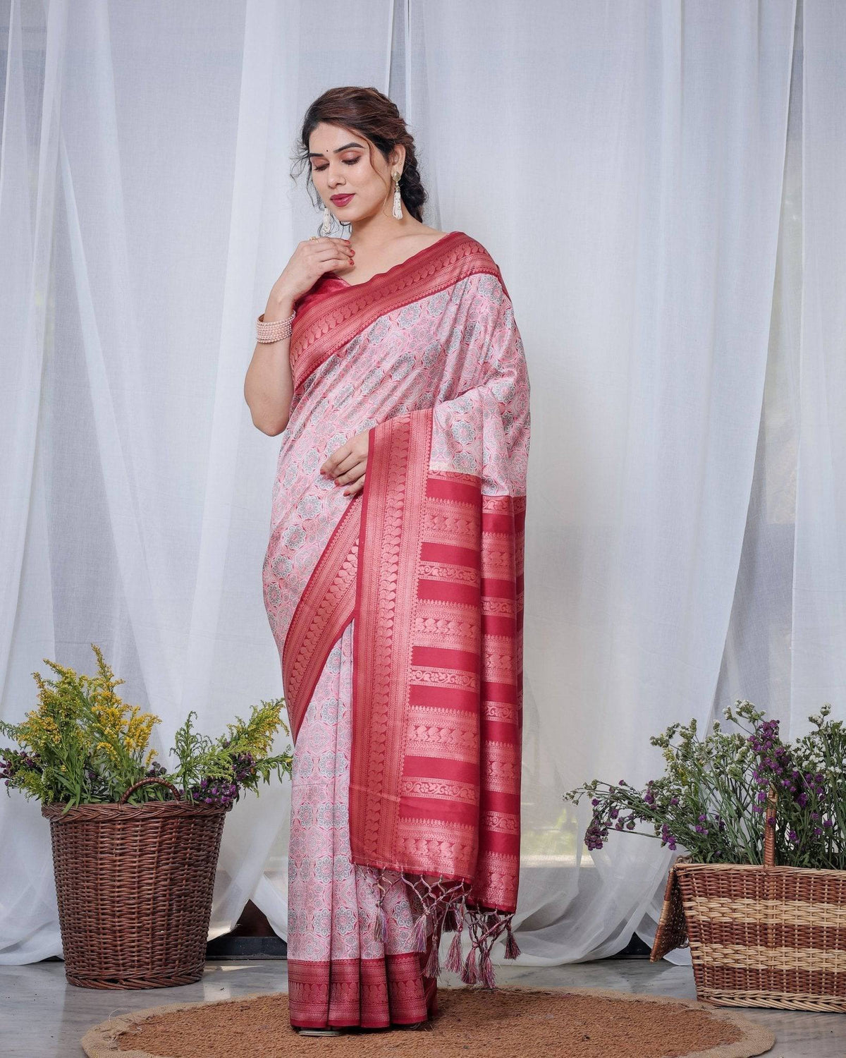 Crimson Red & White Banarasi Silk Saree with Intricate Geometric
