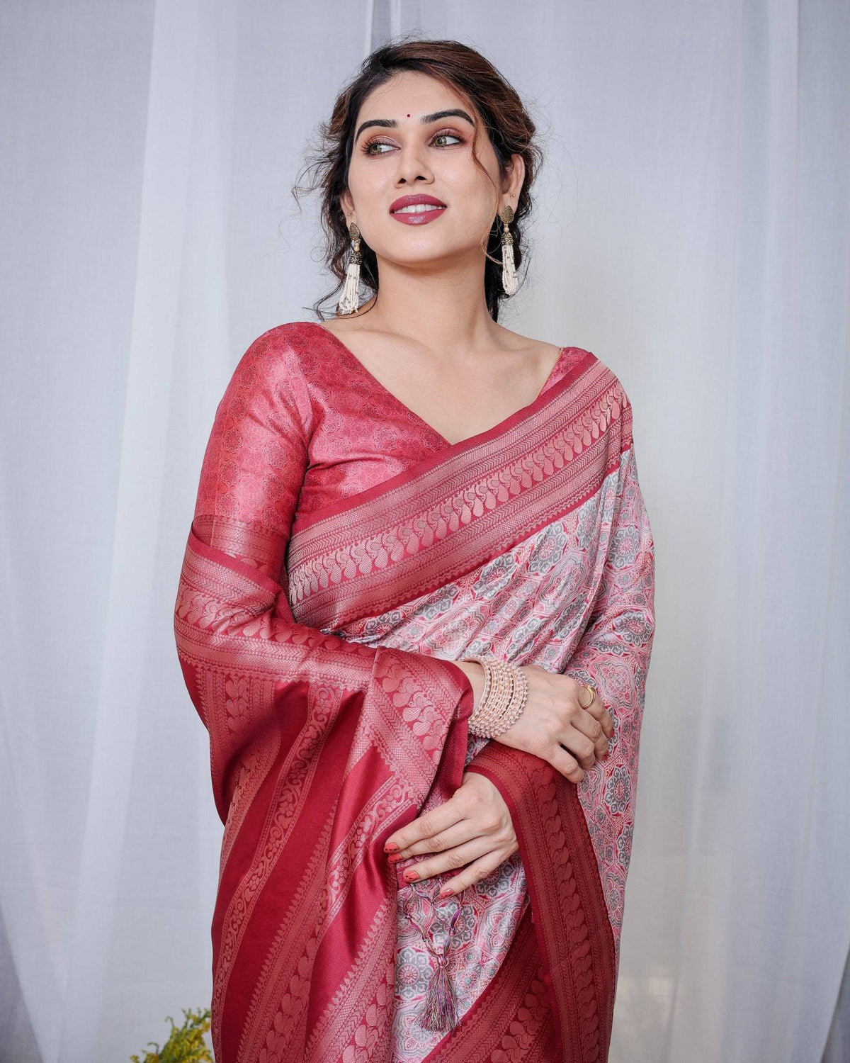 Crimson Red & White Banarasi Silk Saree with Intricate Geometric