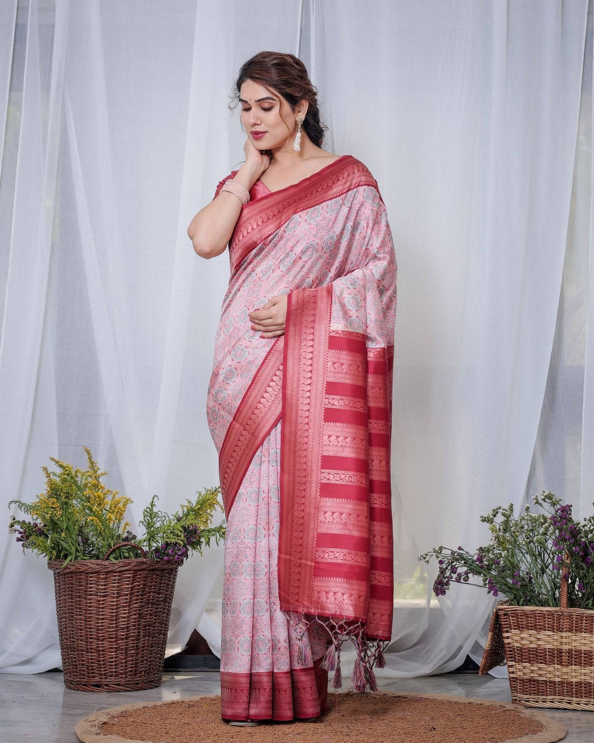 Crimson Red & White Banarasi Silk Saree with Intricate Geometric