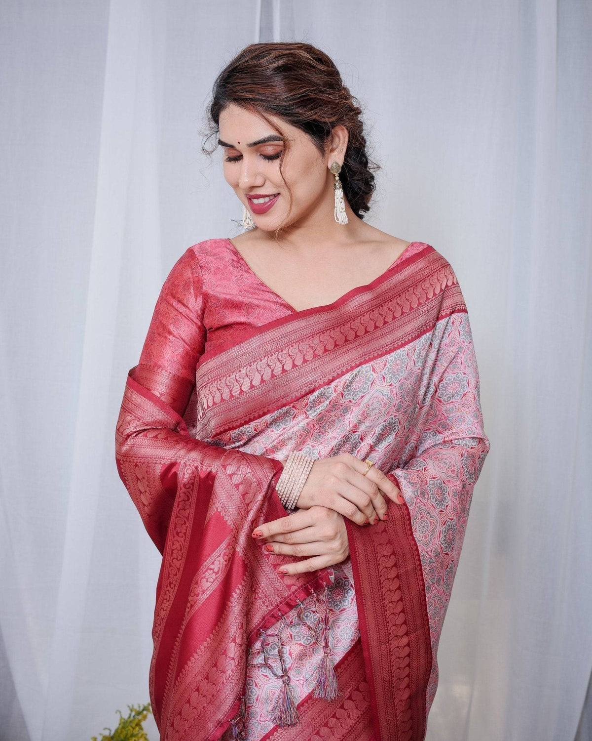 Crimson Red & White Banarasi Silk Saree with Intricate Geometric