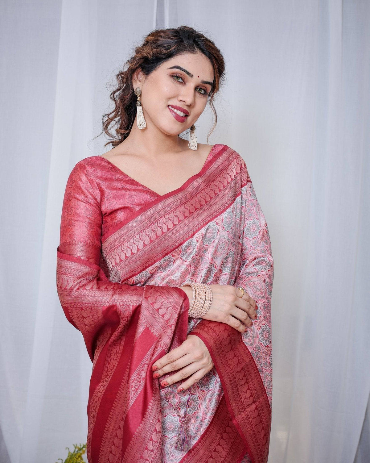 Crimson Red & White Banarasi Silk Saree with Intricate Geometric